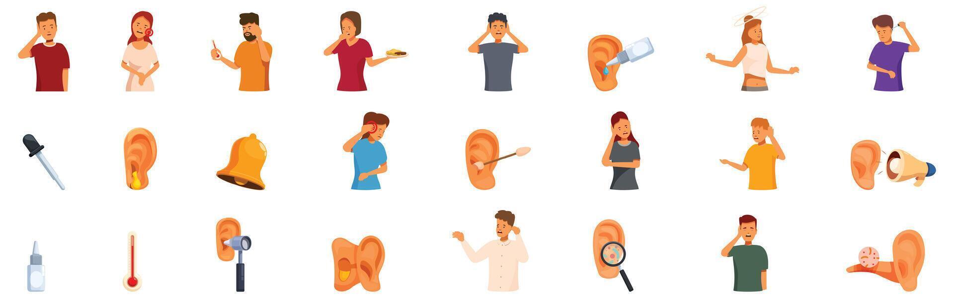 Otitis symptoms icons set. Patients suffering from ear diseases and symptoms, consulting doctors and applying treatments vector