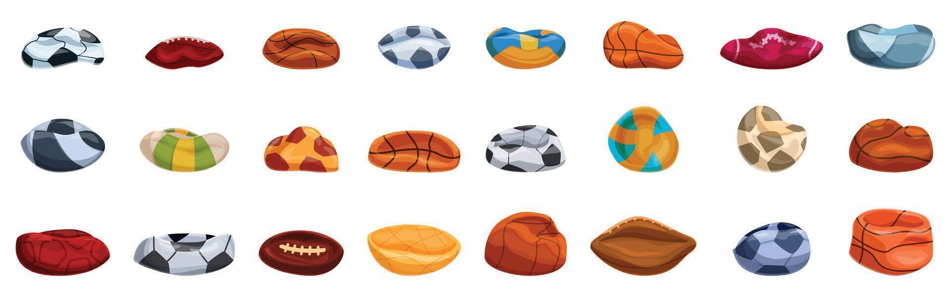 Deflated ball icons set. Bean bag chairs resembling various sports balls for relaxing vector