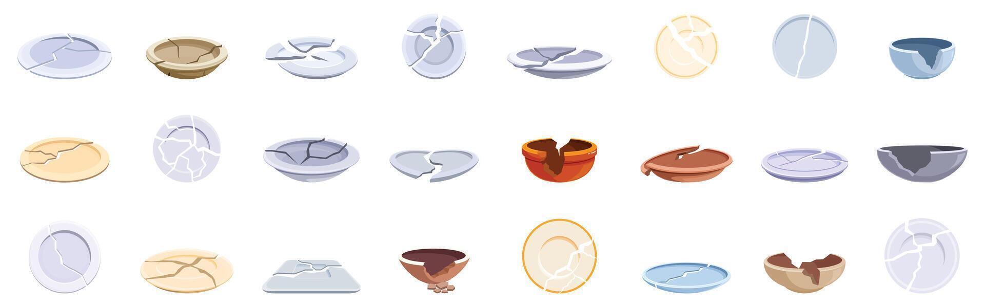 Broken plates icons set. Broken plates and bowls showing different cracks and damage vector