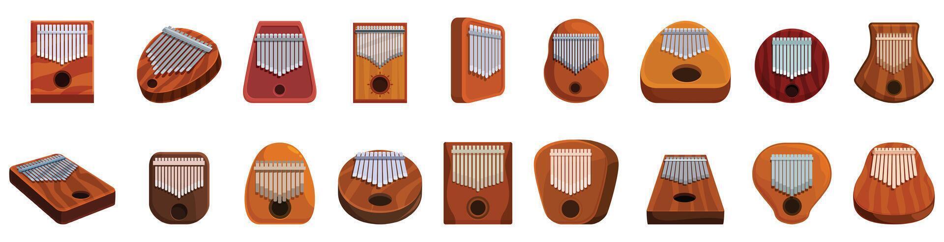 Kalimba icons set. Kalimba musical instruments icons showing various shapes and colors vector