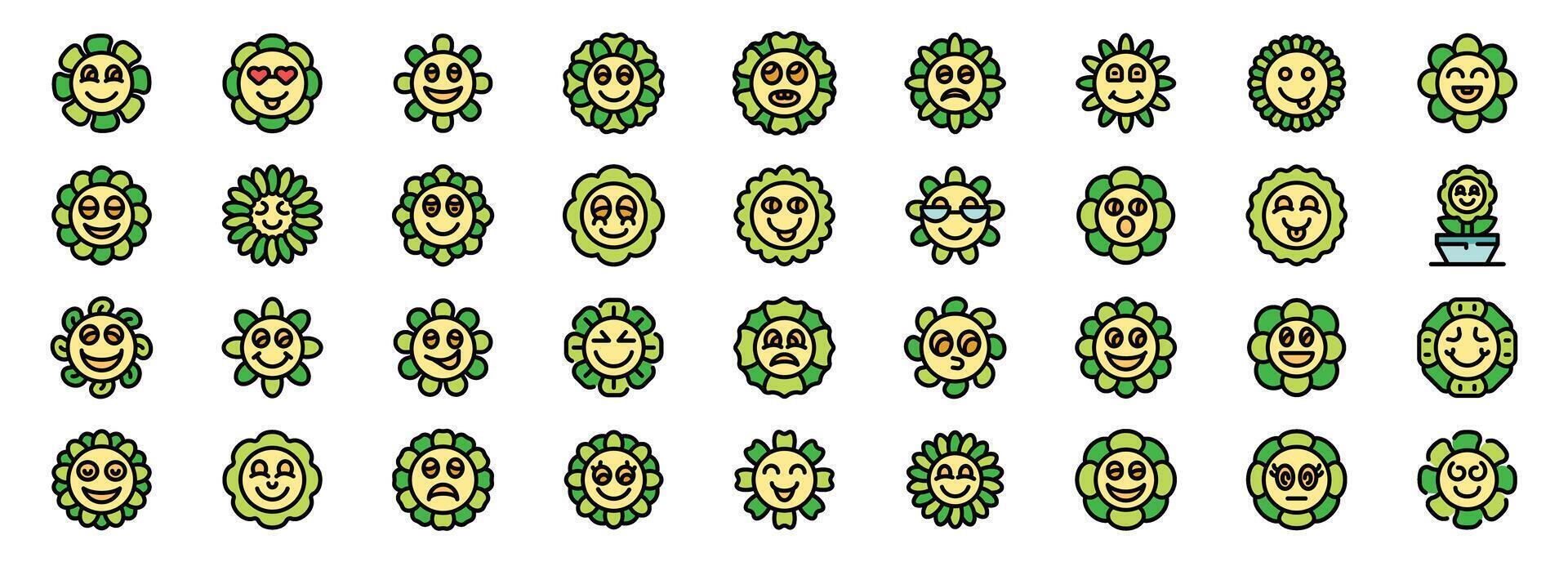 Sunflower character showing different emotions and facial expressions vector