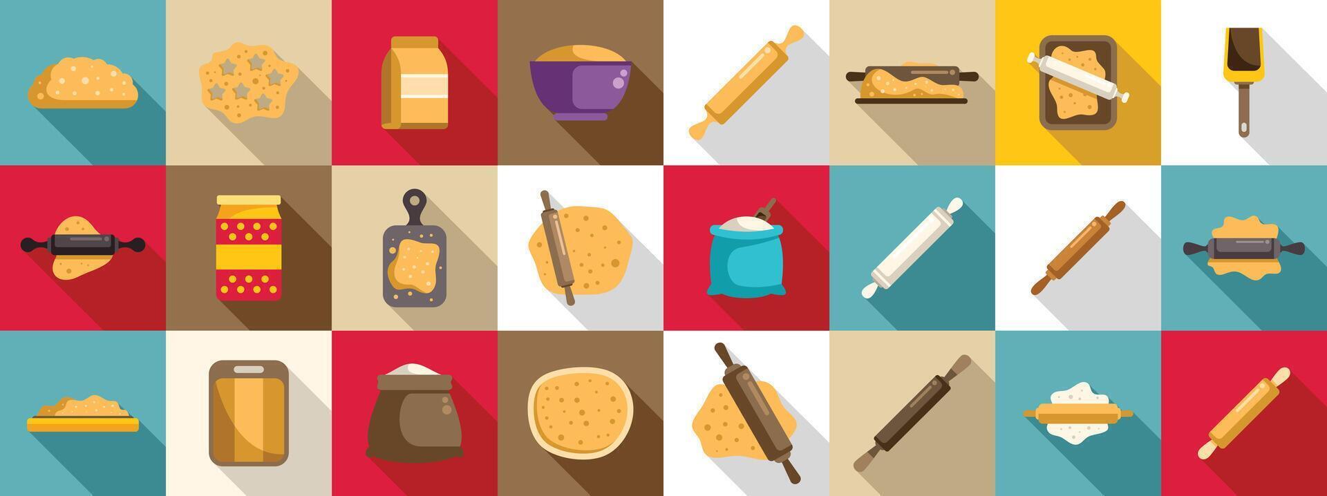 Rolling dough wooden pin icons set. Baking rolling pin and dough icons set flat illustration vector
