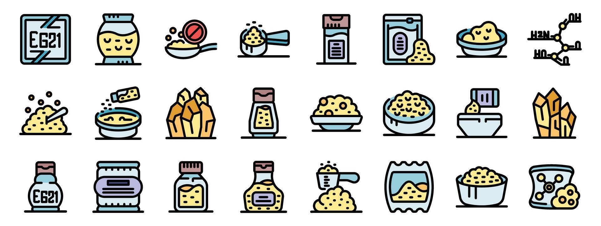 Monosodium glutamate icon set showing crystals and chemical formula vector