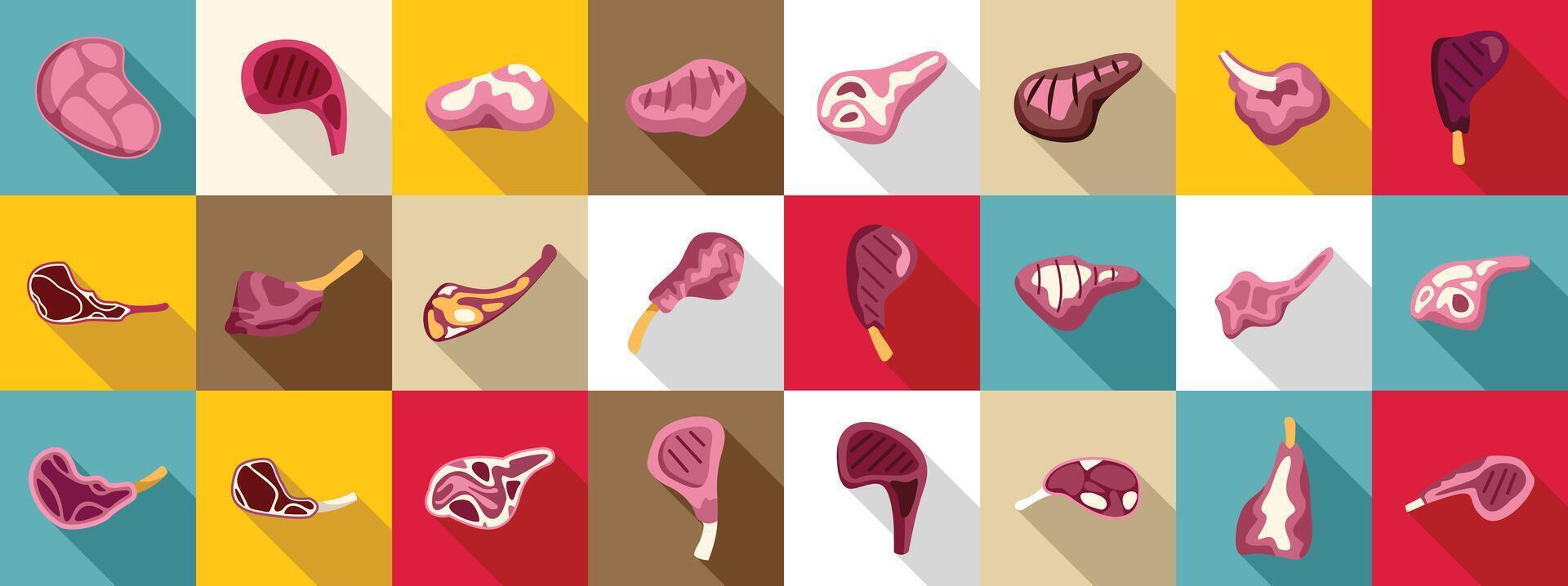 Lamb chop icons set. Grilled lamb meat cuts icons set showing various cuts and preparations vector
