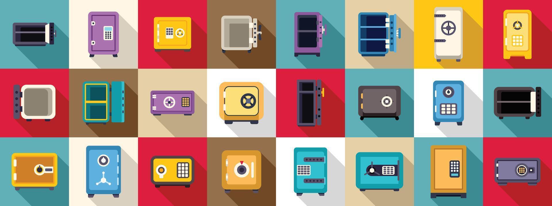 Strongbox gun icons set. Strongboxes protecting valuables, various safes and lockers for secure storage vector