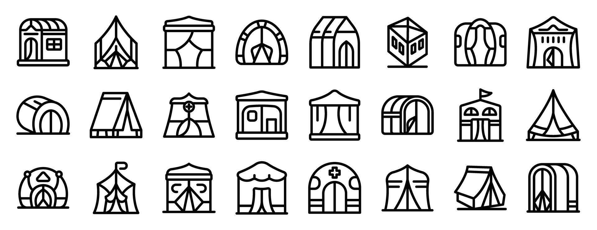 Military tent icons set. Camping tent and shelter icons representing various outdoor structures for temporary accommodation vector