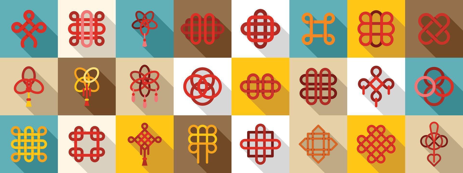Chinese knots icons set. Chinese knotting icons showing traditional decorative handicrafts with long shadows vector