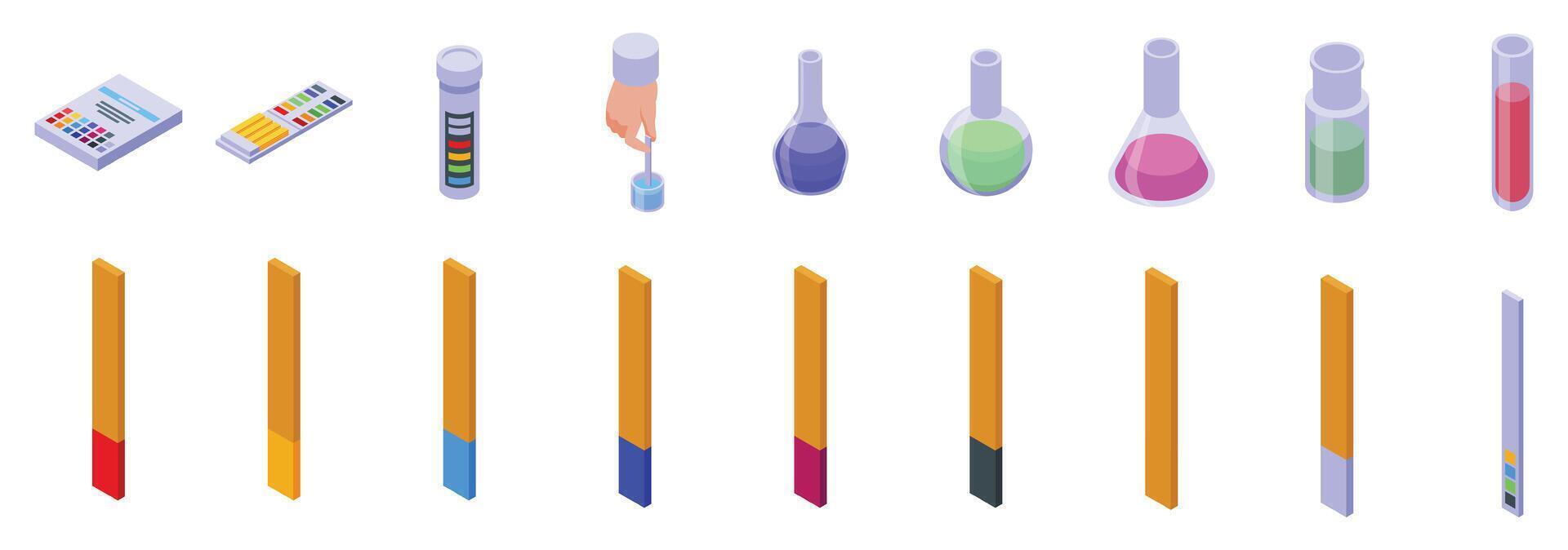 Test paper strips icons set. Scientist measuring ph with litmus paper and flasks in laboratory experiment vector