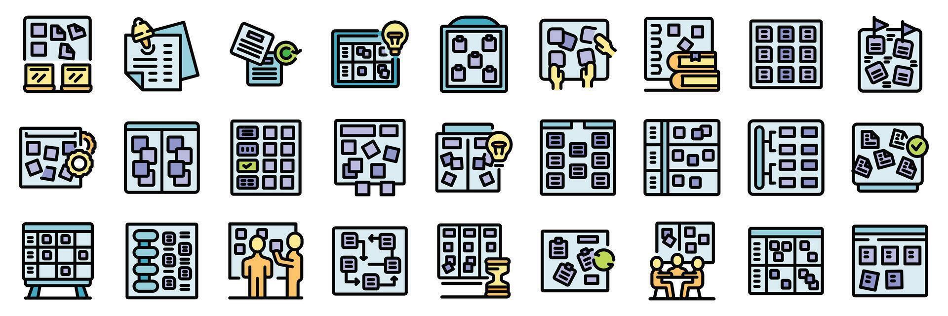Agile project management and scrum task board icons showing business teamwork, planning, and organization vector