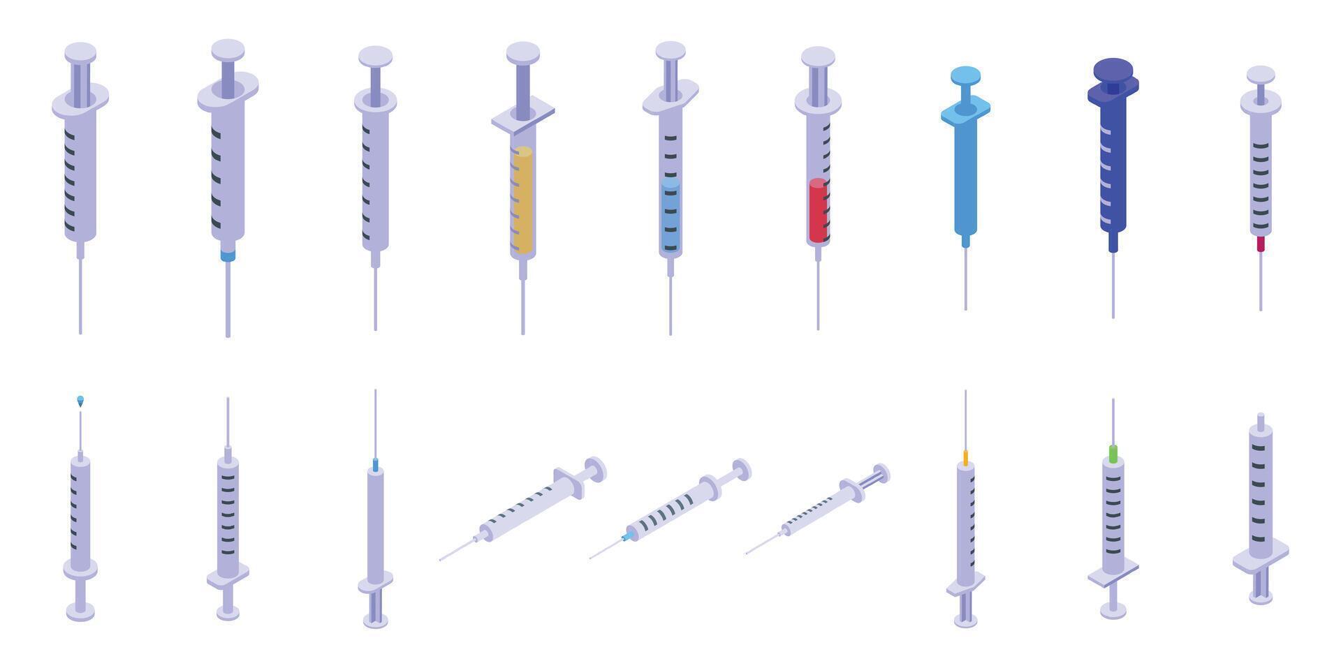 Plastic syringe icons set. Collection of syringes showing various angles and fill levels in isometric view vector