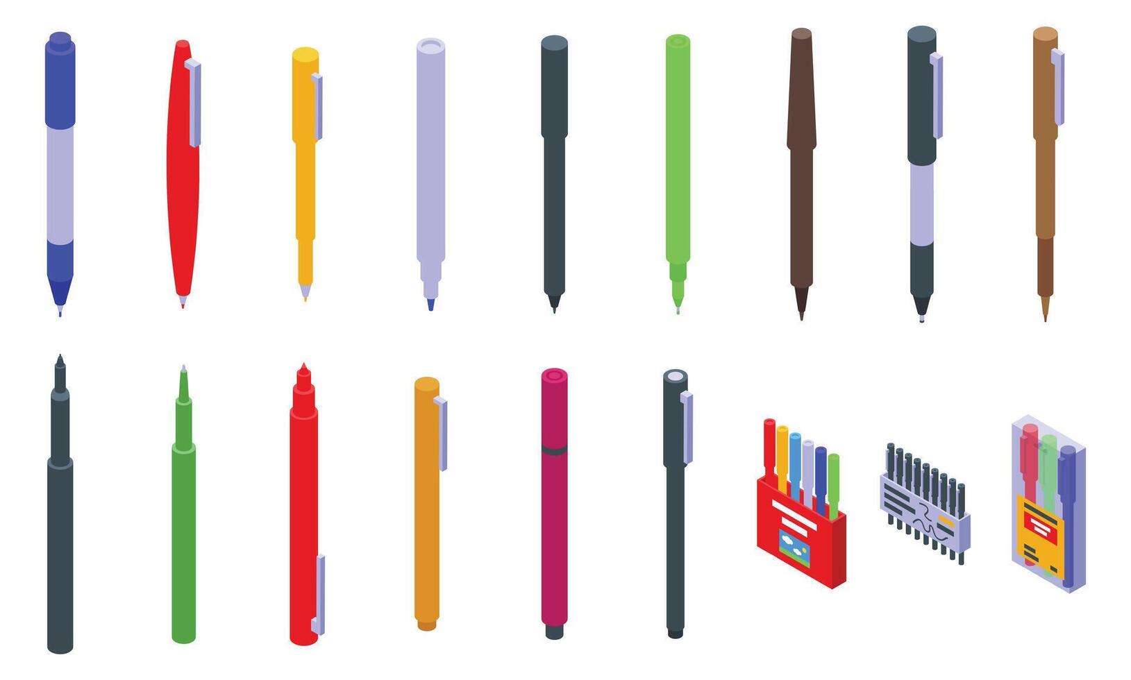 Felt tip pen icons set. Colorful pens and markers collection offering versatile writing and drawing tools vector
