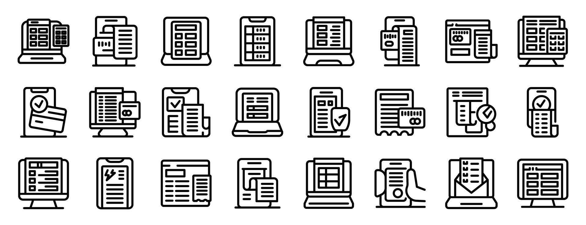 Internet invoicing icons set. Online survey, exam, questionnaire, checklist, quiz and test icons set vector