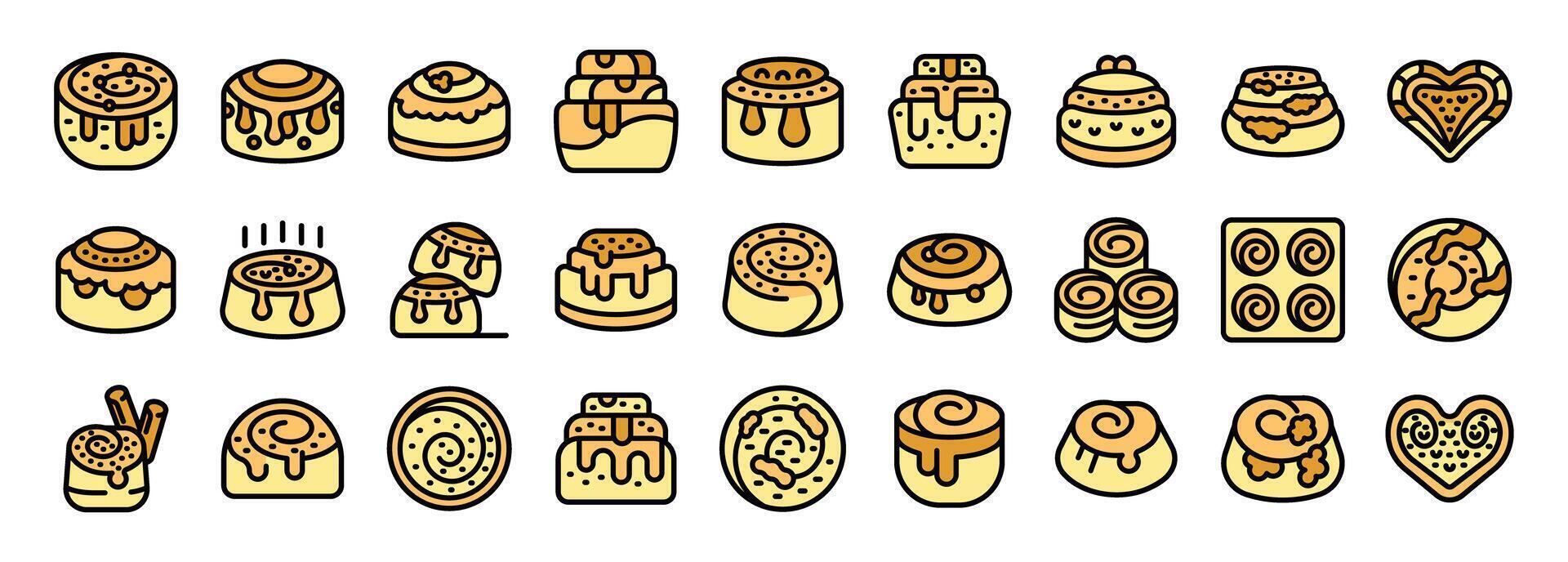 Cinnamon roll icons showing swirling pastries with drizzled icing and stacked buns vector