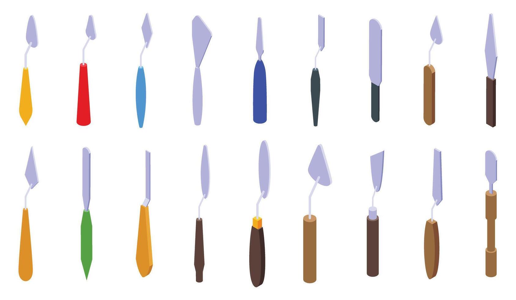 Palette knife icons set. Palette knives set for painting and mixing colors isometric view vector