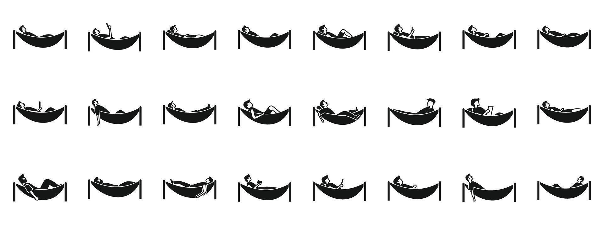 Man relax hammock icons set. People relaxing in hammocks, enjoying leisure time outdoors vector