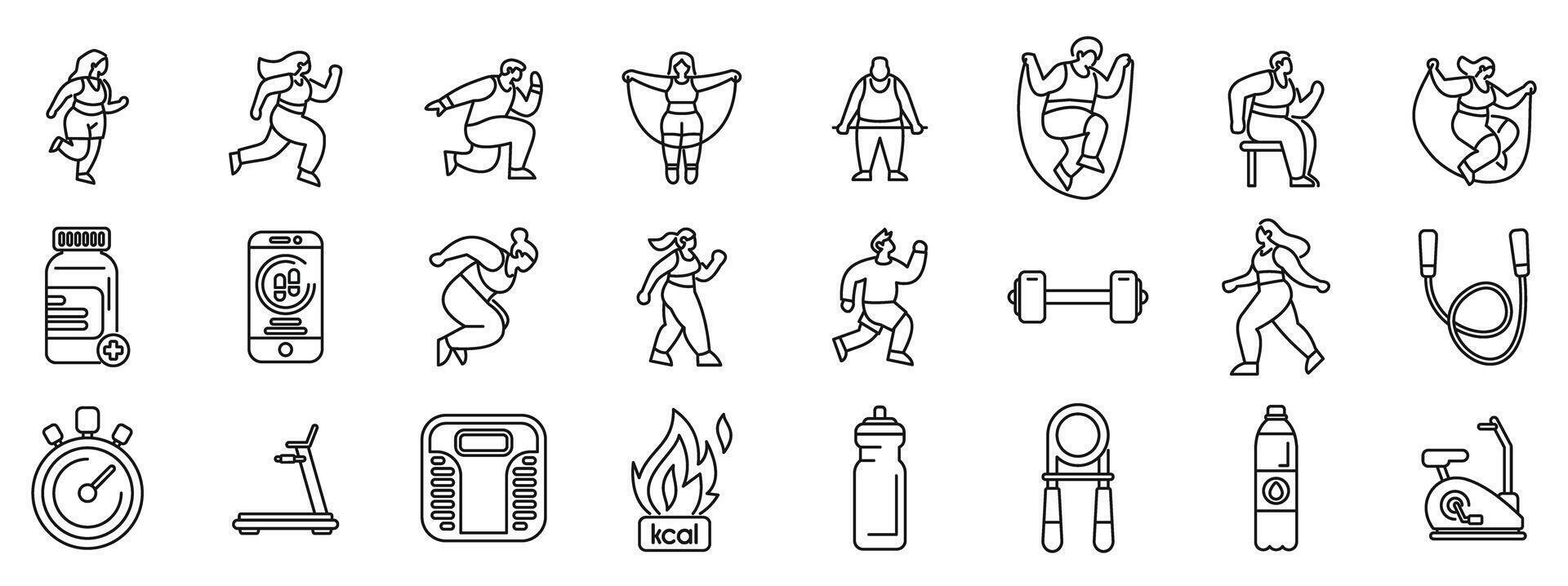 Fat burning workout icons set. Overweight people exercising, burning calories and achieving weight loss goals vector