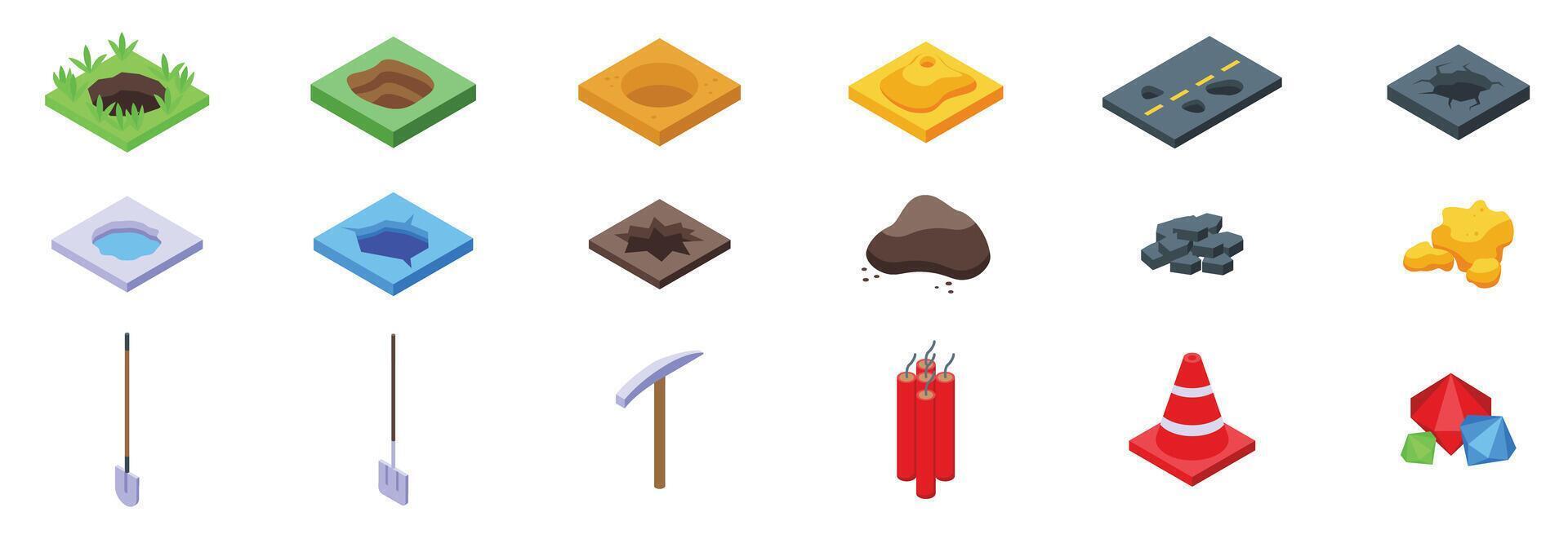 Hole ground icons set. Digging hole collection with shovels, pickaxe, and explosives for mining and construction vector