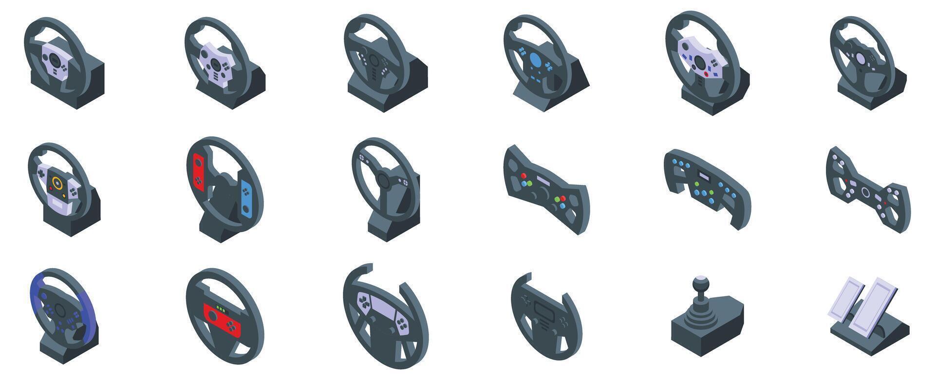 Game controller steering wheel icons set. Racing wheels and gaming controllers providing immersive driving experience vector