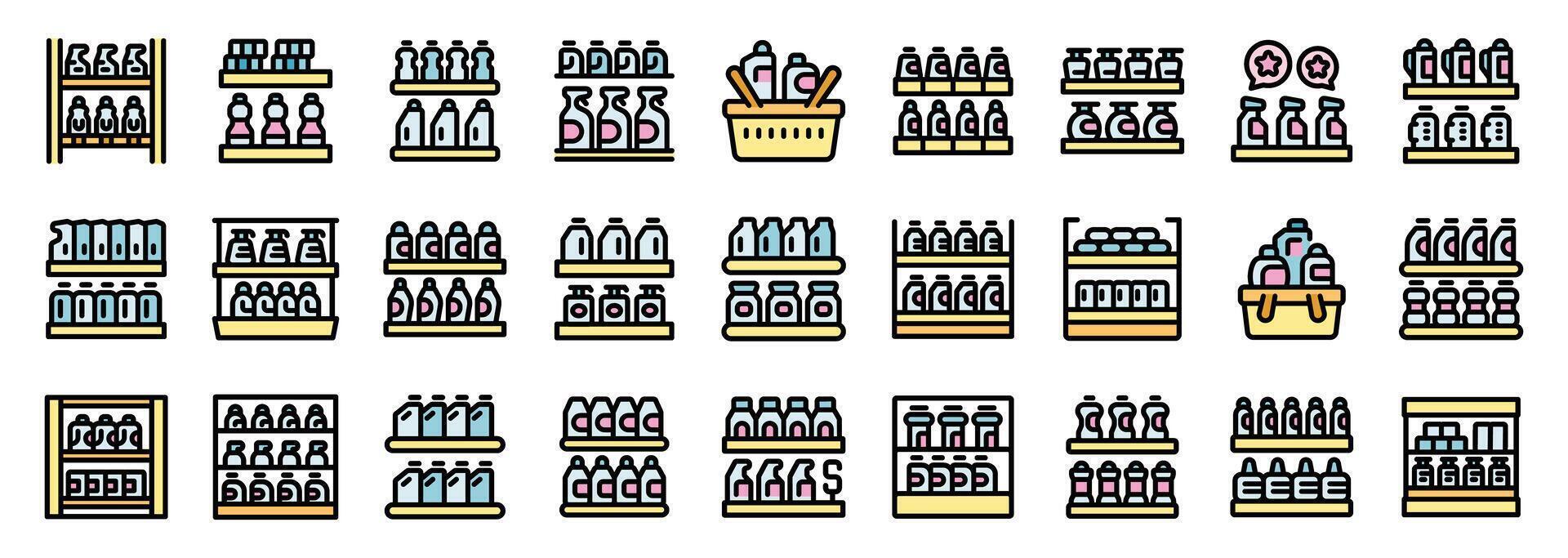 Supermarket shelves stocked with products and shopping basket filled with groceries vector