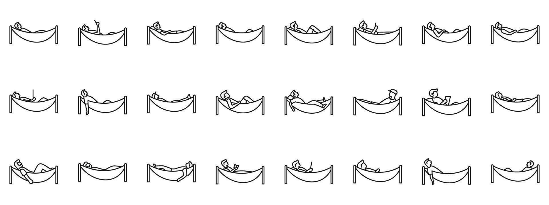 Man relax hammock icons set. People relaxing in hammocks, enjoying leisure time in various poses vector