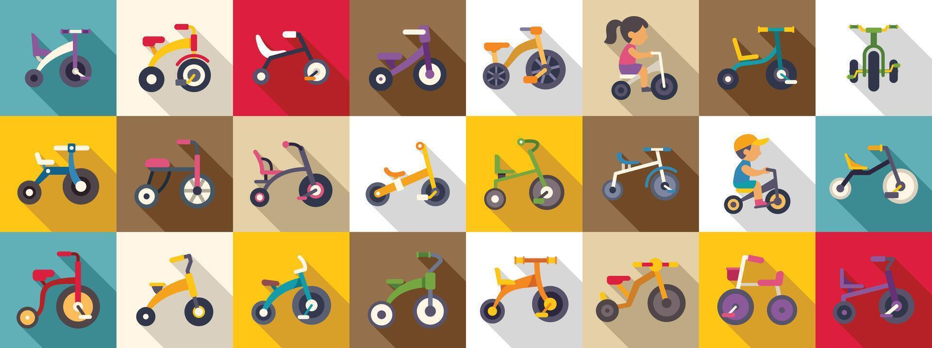 Kids tricycle icons set. Children riding tricycles, various designs and colors for fun and learning vector
