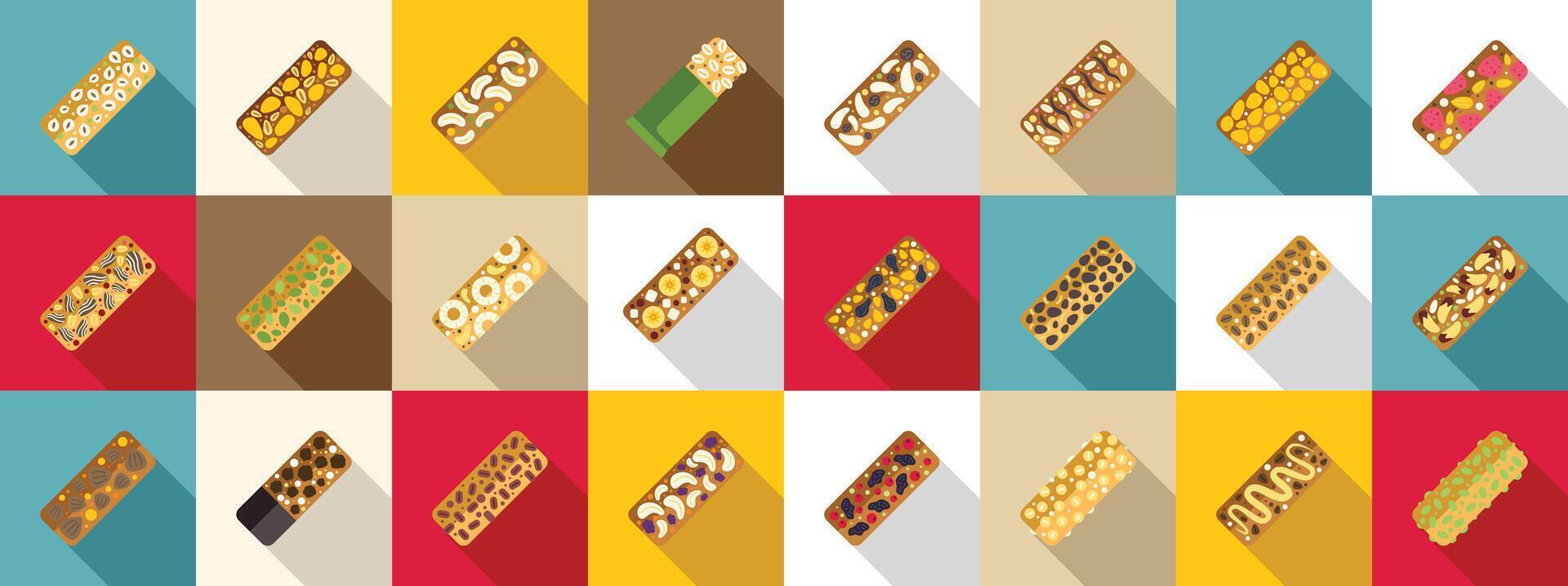 Muesli bar icons set. Various muesli protein bars showing different nuts and fruits on colorful background vector