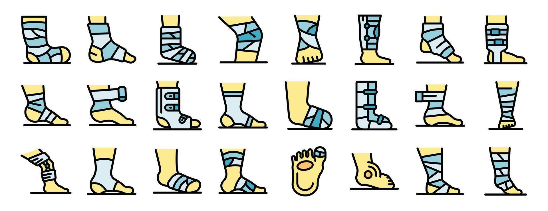 Injured feet and ankles showing various bandages and braces vector