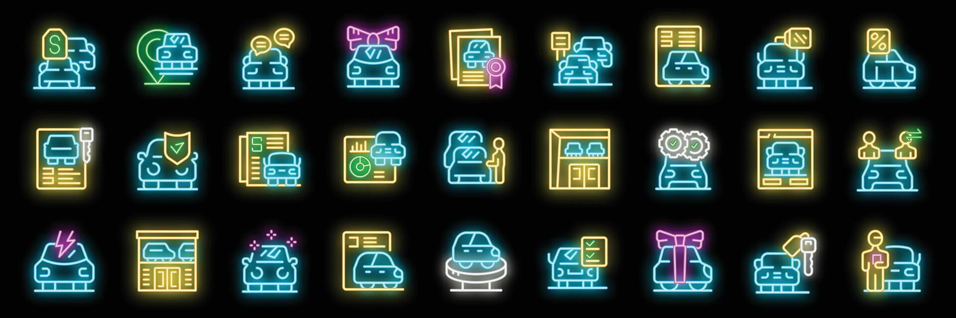 Car dealership and services neon icon set featuring buying, selling, and maintaining vehicles vector