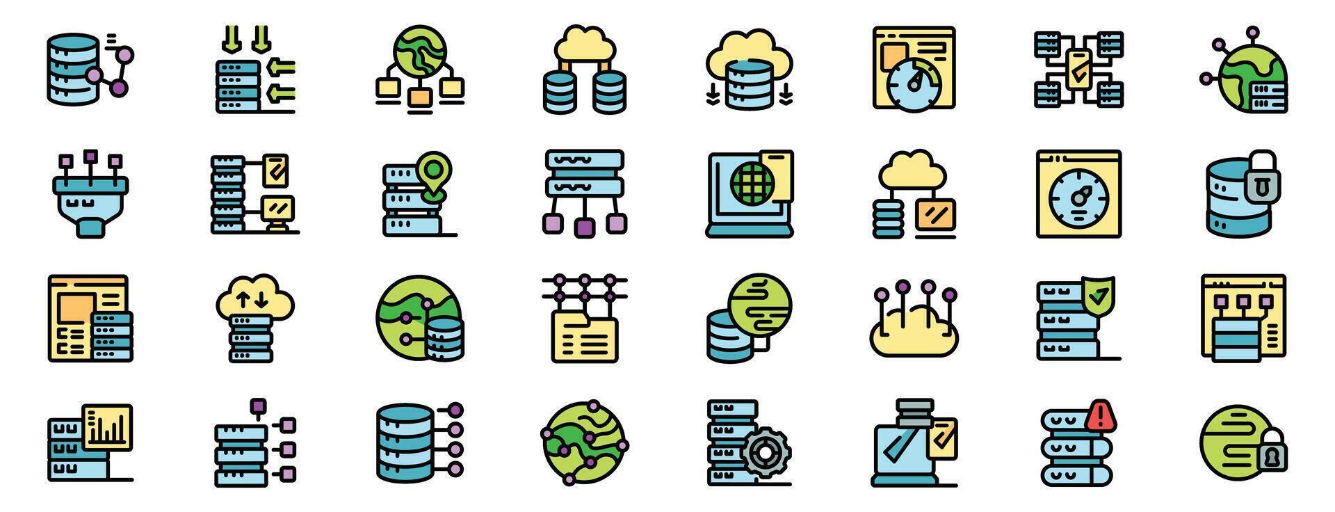 Data center management icons showing cloud computing, server maintenance, and database administration vector