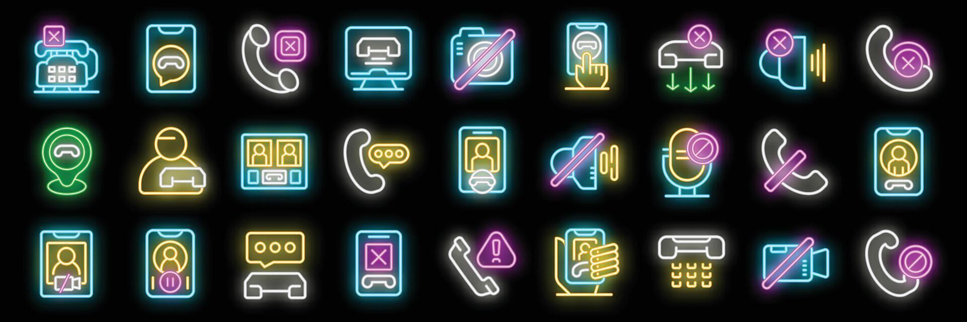 Neon icons representing phone calls, calls, and communication issues vector