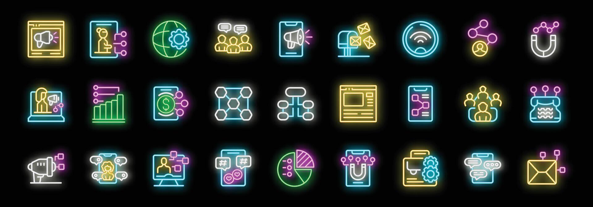 Neon icons representing digital marketing strategies for online business growth vector