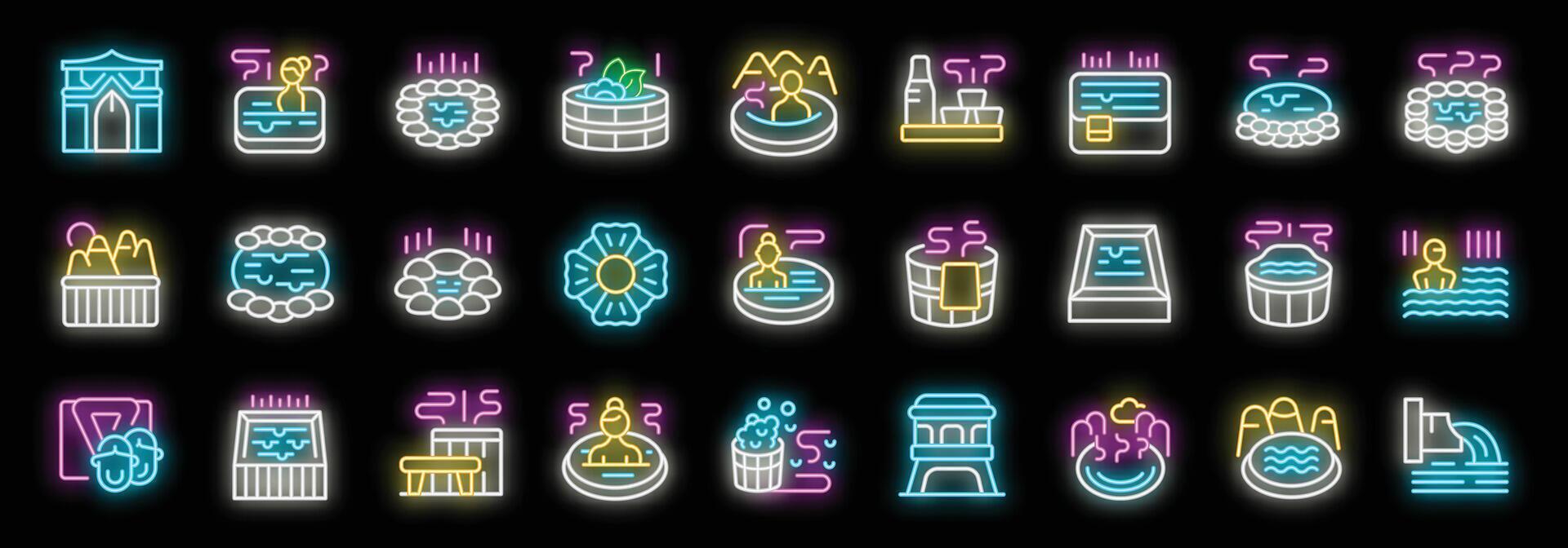 Onsen, sento and geothermal spa neon icons set featuring people relaxing in hot springs vector