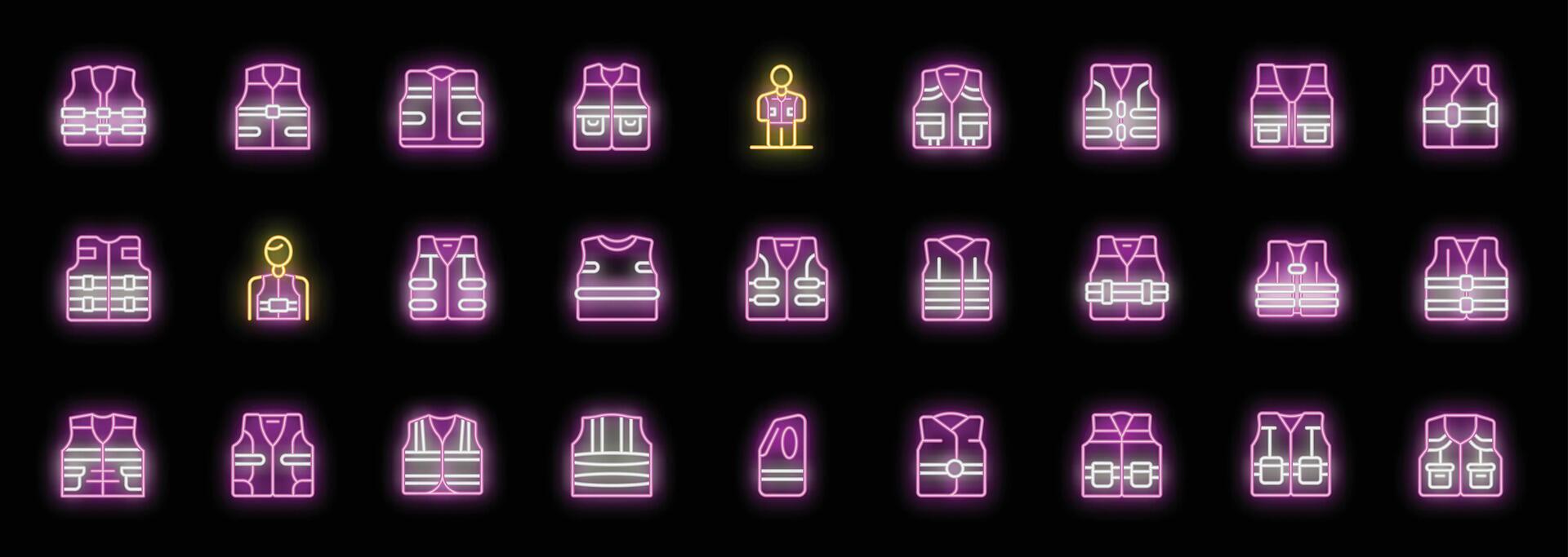Life vest icons set, life jacket symbols collection, glowing neon style on black background vector