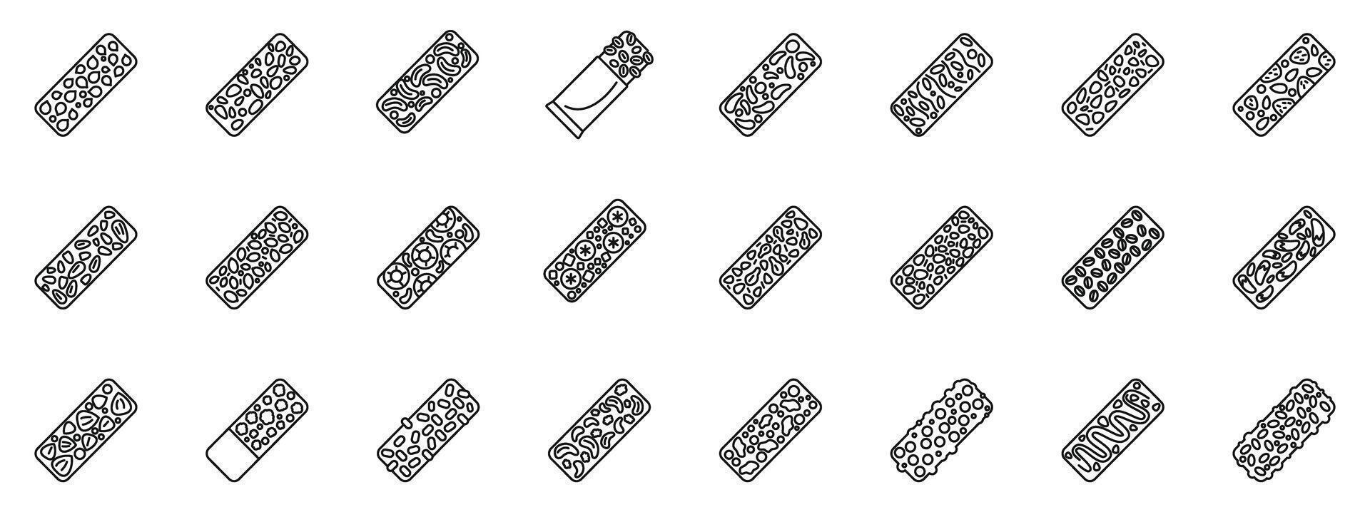 Muesli bar icons set. Cereal bars with nuts and seeds displaying various ingredients and packaging vector