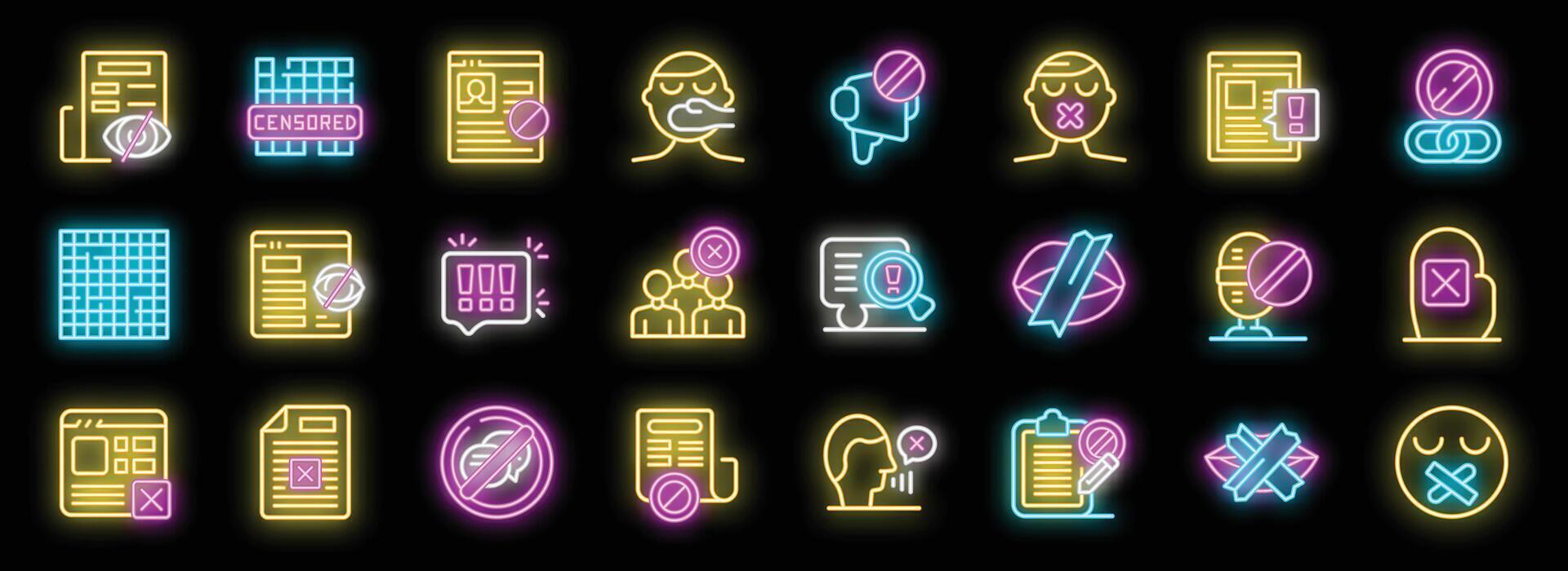 Censorship neon icons showing restricted speech, press, information and freedom of expression vector