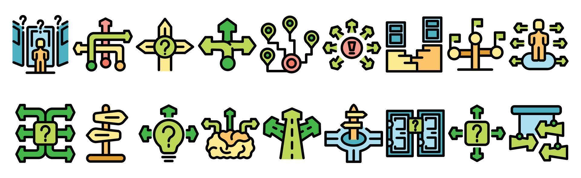 Decision making, career path, choosing, opportunities, directions, strategy planning, solution finding and problem solving icons vector