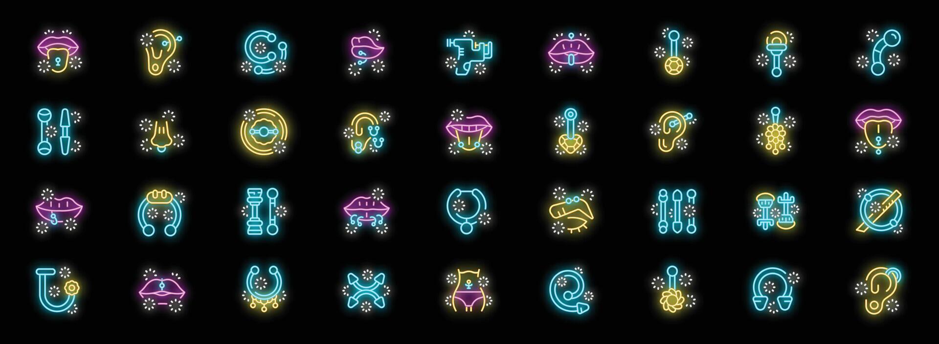Piercing neon icons showing body piercings with jewelry and piercing gun vector