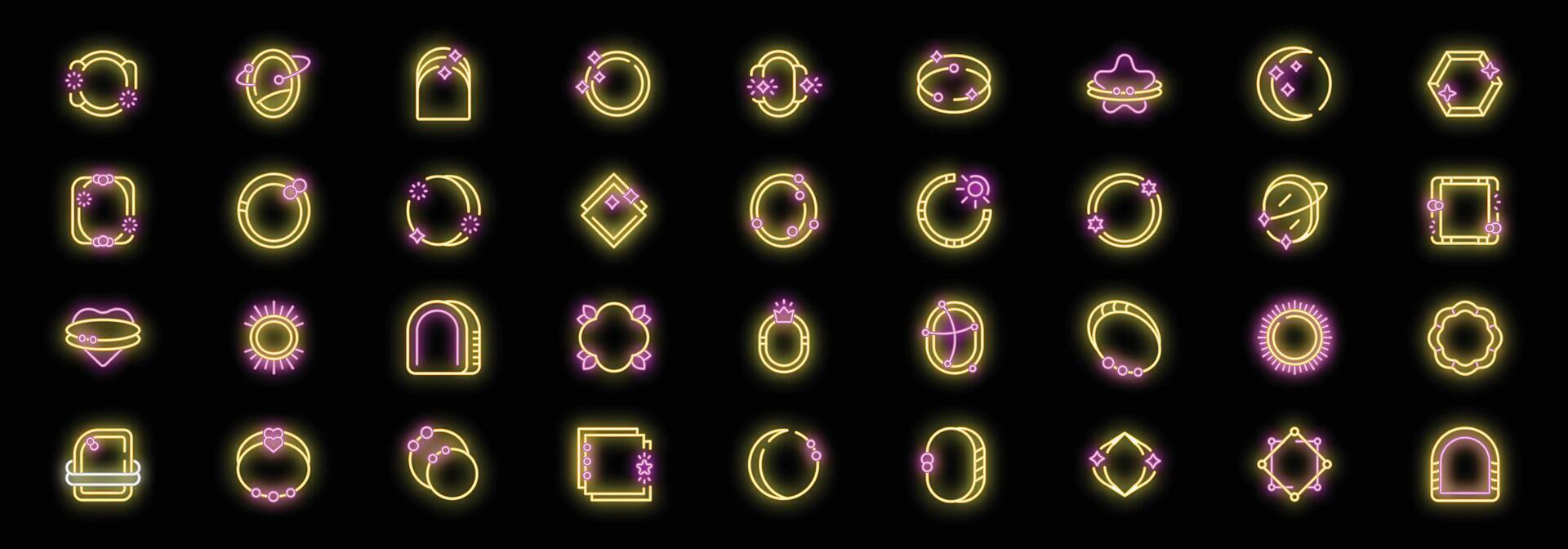 Neon frames with planets, stars, and geometric shapes creating a futuristic vibe vector