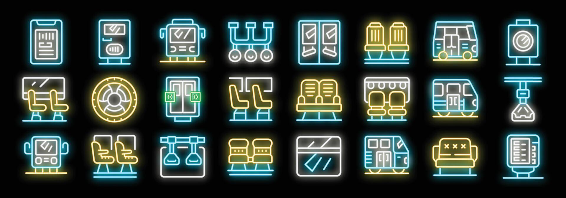 Train interior and exterior showing seats, doors, windows, ticket, and bus in neon style vector