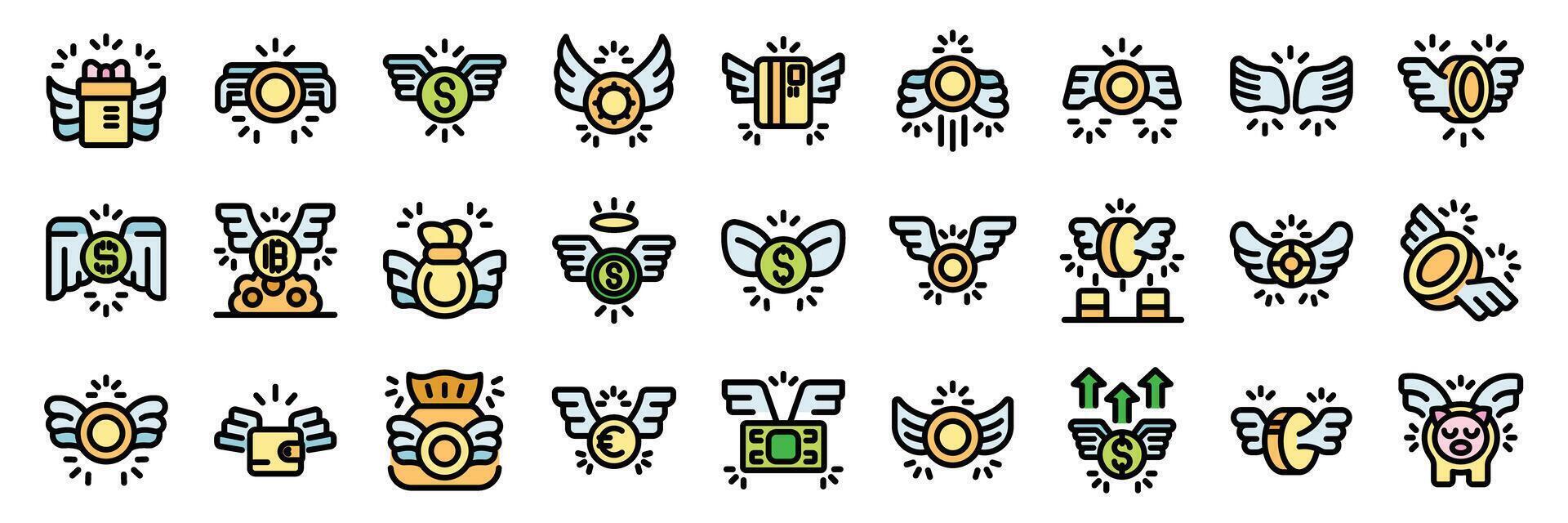Fast money transfer, quick payment, easy transaction and financial freedom icons set vector