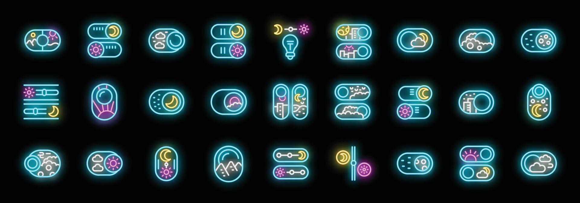 Neon icons representing day and night mode switching with sun, moon, and cloud symbols vector