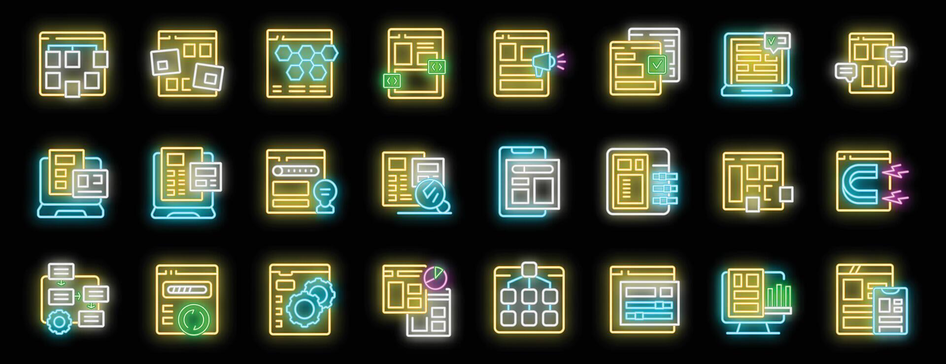 Neon glowing icons representing website building, web developing, design and prototyping vector