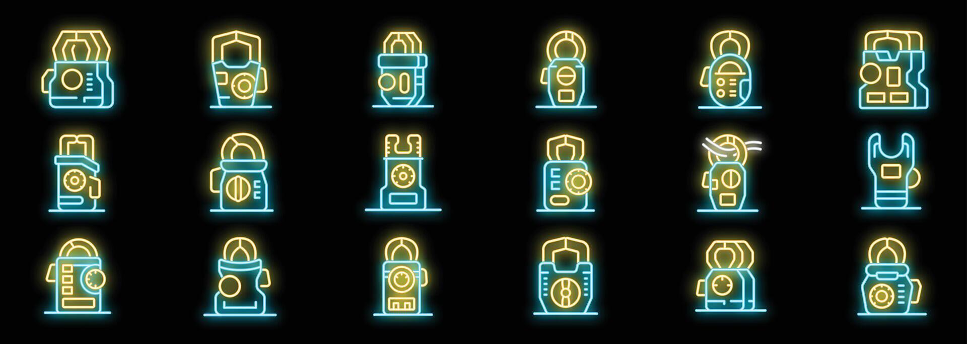 Neon icons of futuristic bulletproof vests providing protection in sci fi worlds vector