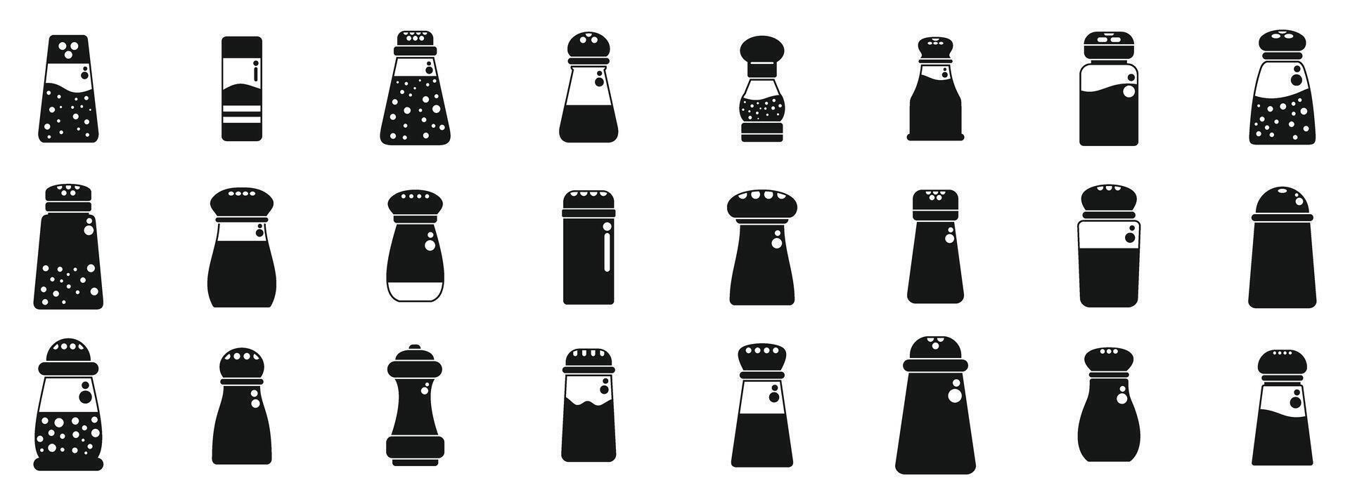 Pepper shaker icons set. Set of different salt and pepper shakers pouring seasoning vector