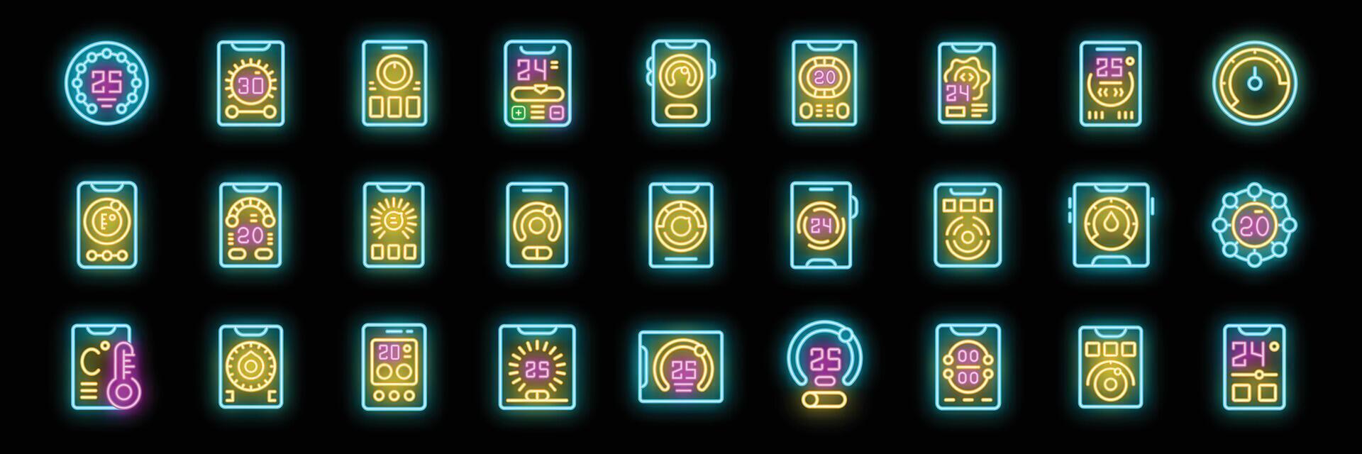 Neon icons of smart home temperature control interface on smartphone or tablet vector