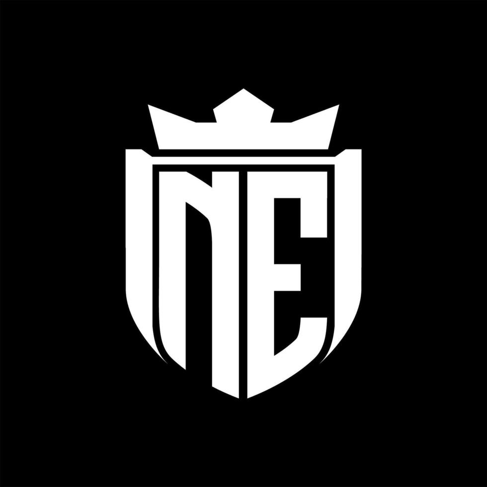 NE Letter logo shield shape inside shield badge crown on black background template design vector