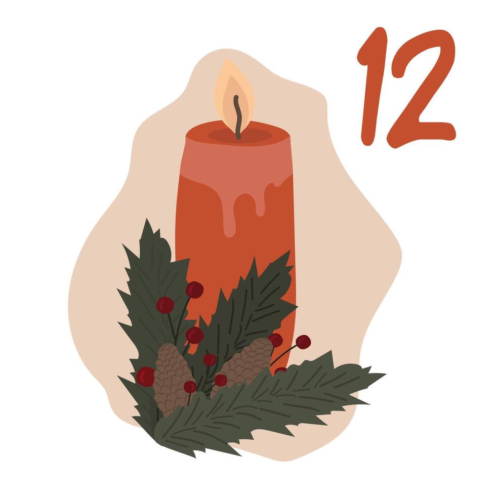 Advent-Christmas calendar for December 12, a burning candle with fir branches, cones and berries. A greeting card for printing. Illustration. vector