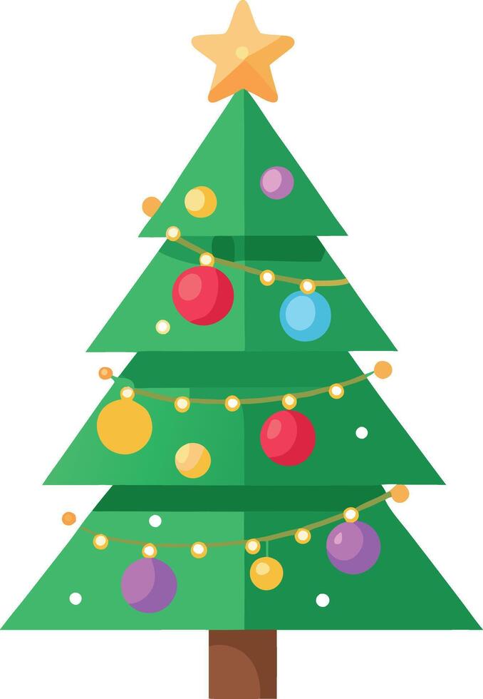 Cartoon-style Christmas tree, decorated with colorful ornaments and fairy lights, vector
