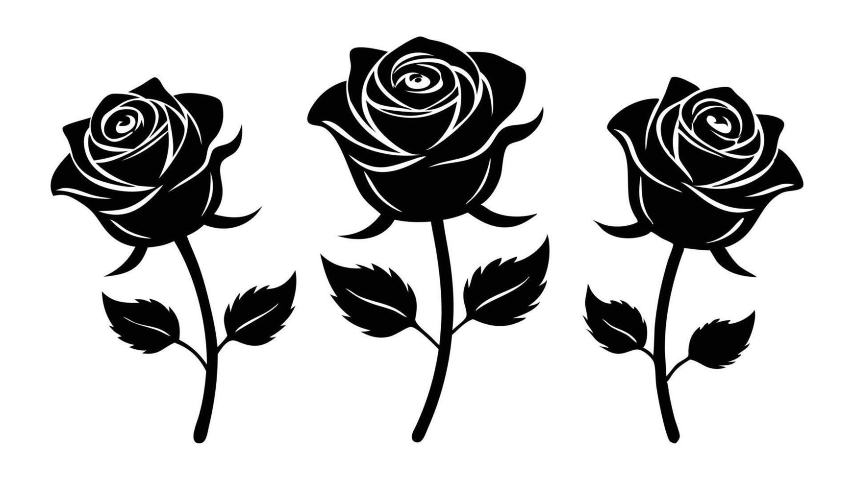 Three stylized black silhouette roses with detailed petals and leaves on a white background. vector