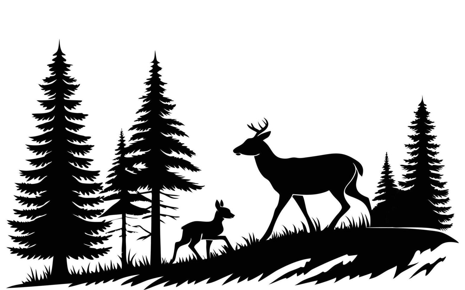 black silhouette illustration of a deer and fawn in a forest. vector